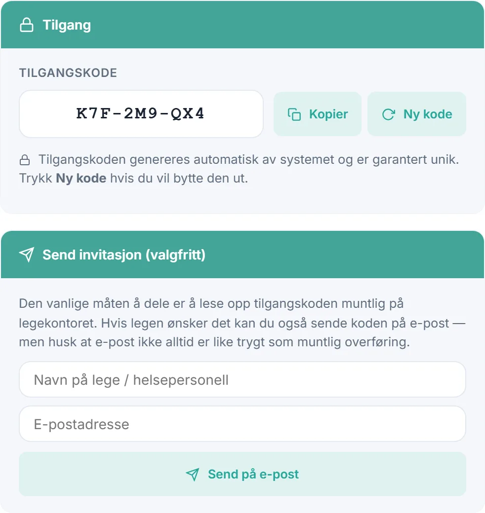 Deling med lege: tilgangskode, valg av hva legen ser og tilgangslogg