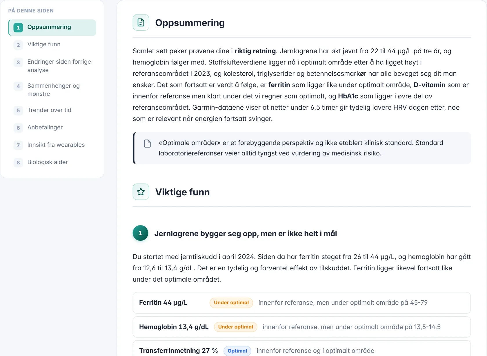 AI-helseanalyse: innholdsfortegnelse, oppsummering, forklaringsboks og første nummererte funn med markører