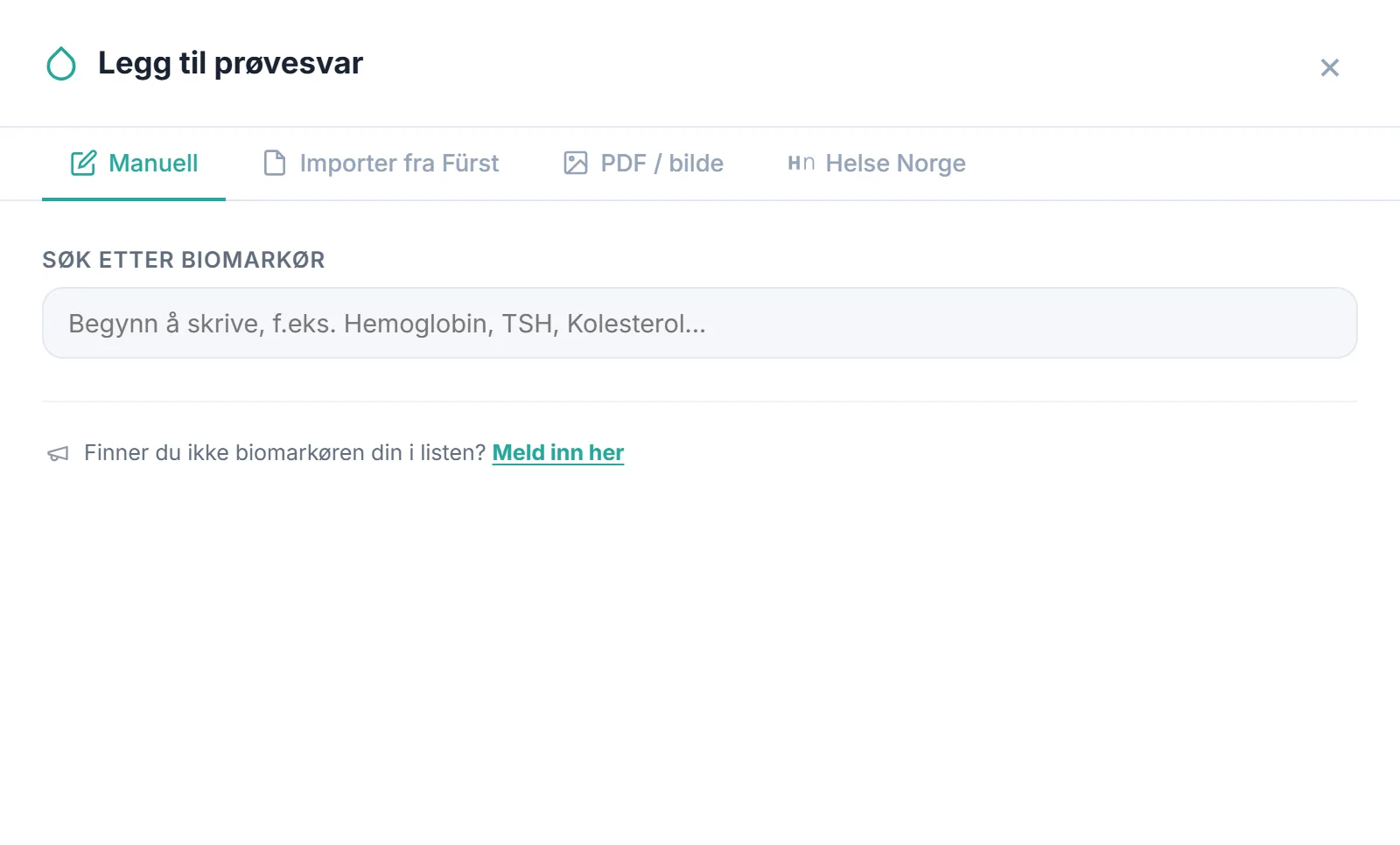 Legg til prøvesvar manuelt: søk etter biomarkør, skriv inn verdi, dato og laboratorium