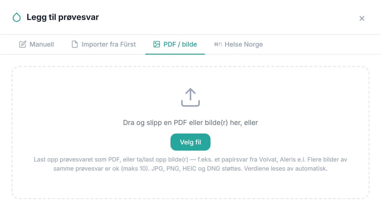 Legg til prøvesvar: last opp PDF eller bilde av prøvesvaret, verdiene leses av automatisk