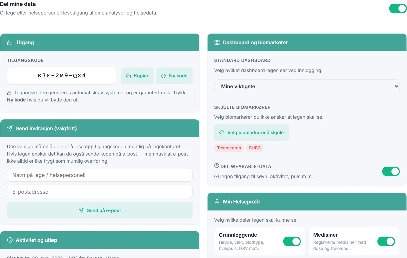 Deling med lege: hovedbryter, tilgangskode, valg av hva som deles og aktivitetslogg
